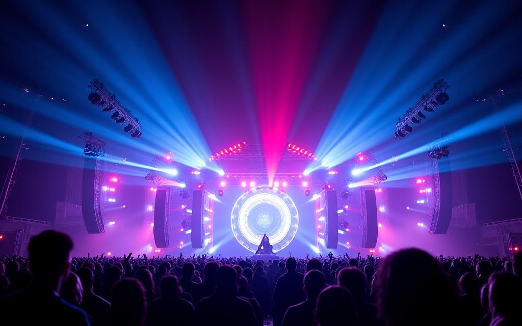 A dynamic concert stage with advanced lighting rigs and powerful sound systems.