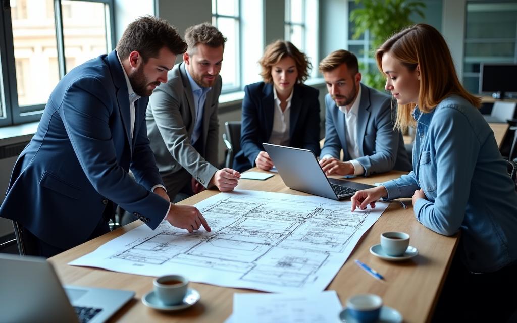 A team planning a major festival production on a large schematic.